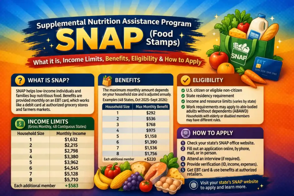 Supplemental Nutrition Assistance Program – SNAP (Food Stamps): What it is, Income Limits, Benefits, Eligibility & How to Apply