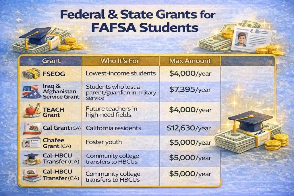 Here are the federal and state grants that are commonly offered to FAFSA students